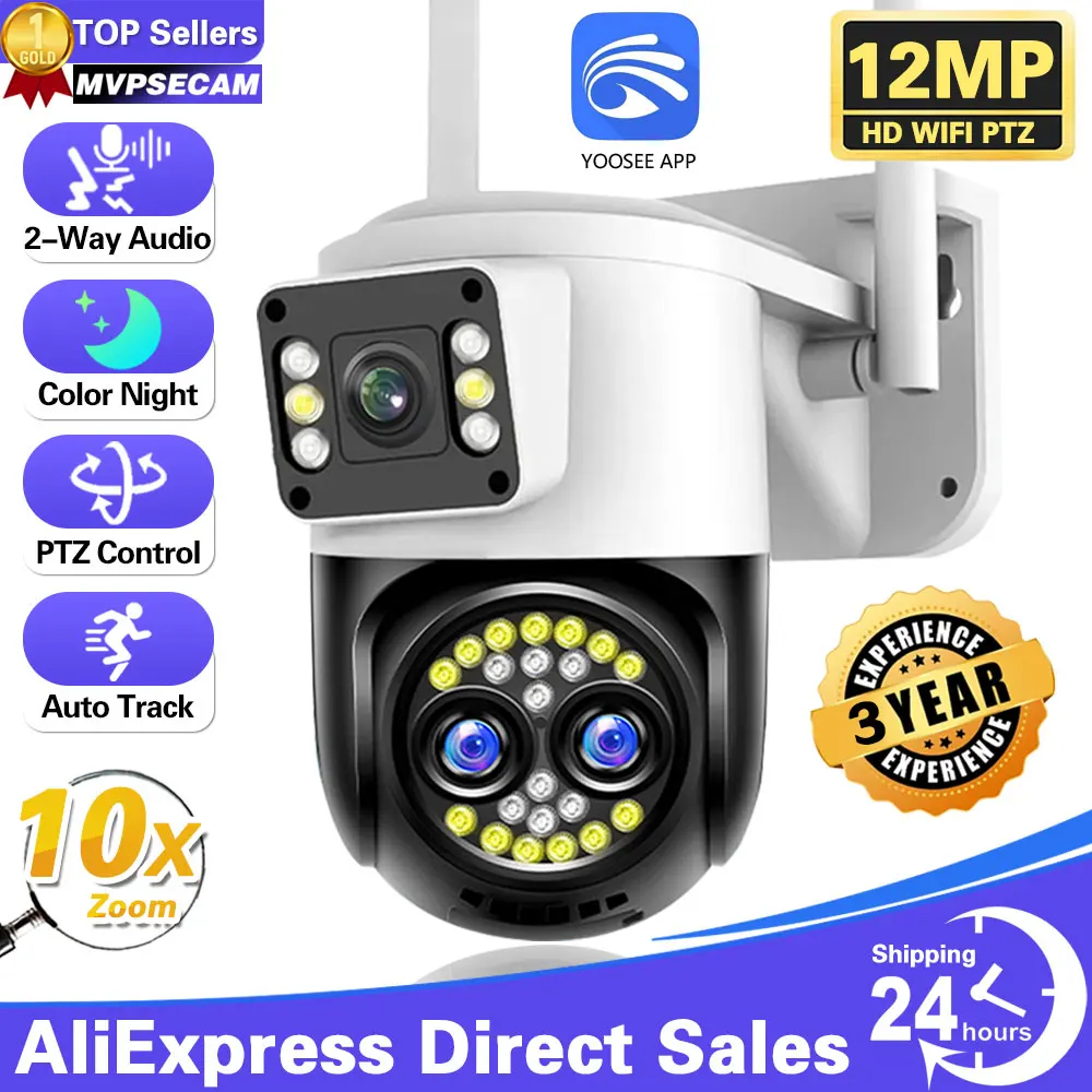 

12MP 6K WiFi PTZ Camera 10X Zoom Three Lens Dual Screens Security IP Camera Waterproof Human Detection Color Night Vision ccam