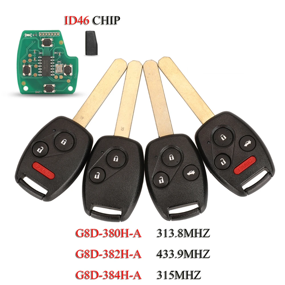 

jingyuqin 10PCS/Lot G8D-380H/382H/384H-A Remote Smart Car Key For Honda Accord CRV Odyssey Jazz 313.8/315/433.92Mhz ID46 Chip