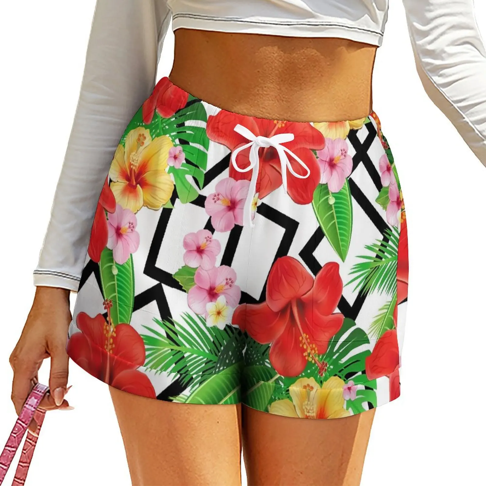 Lily Floral Shorts High Waisted Flowers and Geometric Shorts Pockets Summer Modern Oversized Short Pants Street Fashion Bottoms