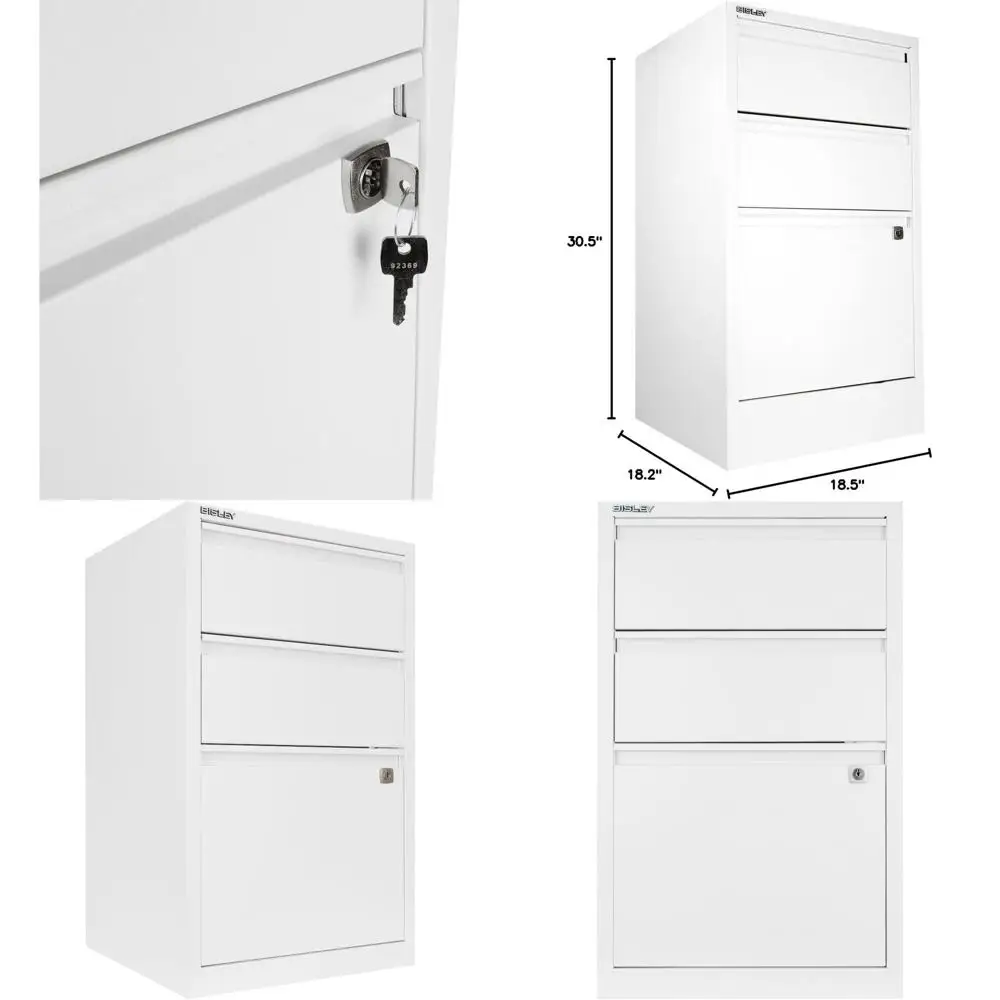 3-Der lush ront Veal ile Cabinet - Traic White, 2 Utility Ders + 1 Hanging ile Der, Powder-Coated Steel, Locking Bottom Der