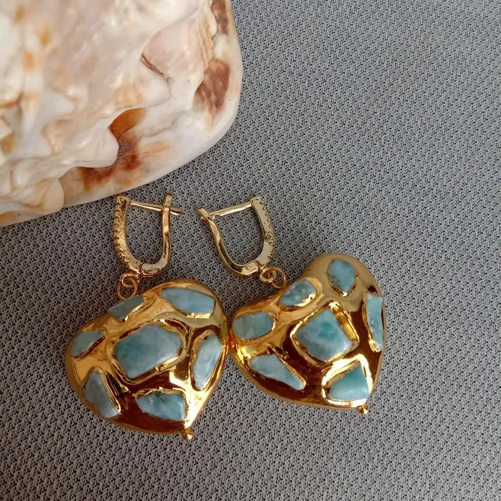 

YYGEM Natural Blue Larimar Chips Pave Heart Shaped Yellow Gold color Dangle LeverBack Earrings