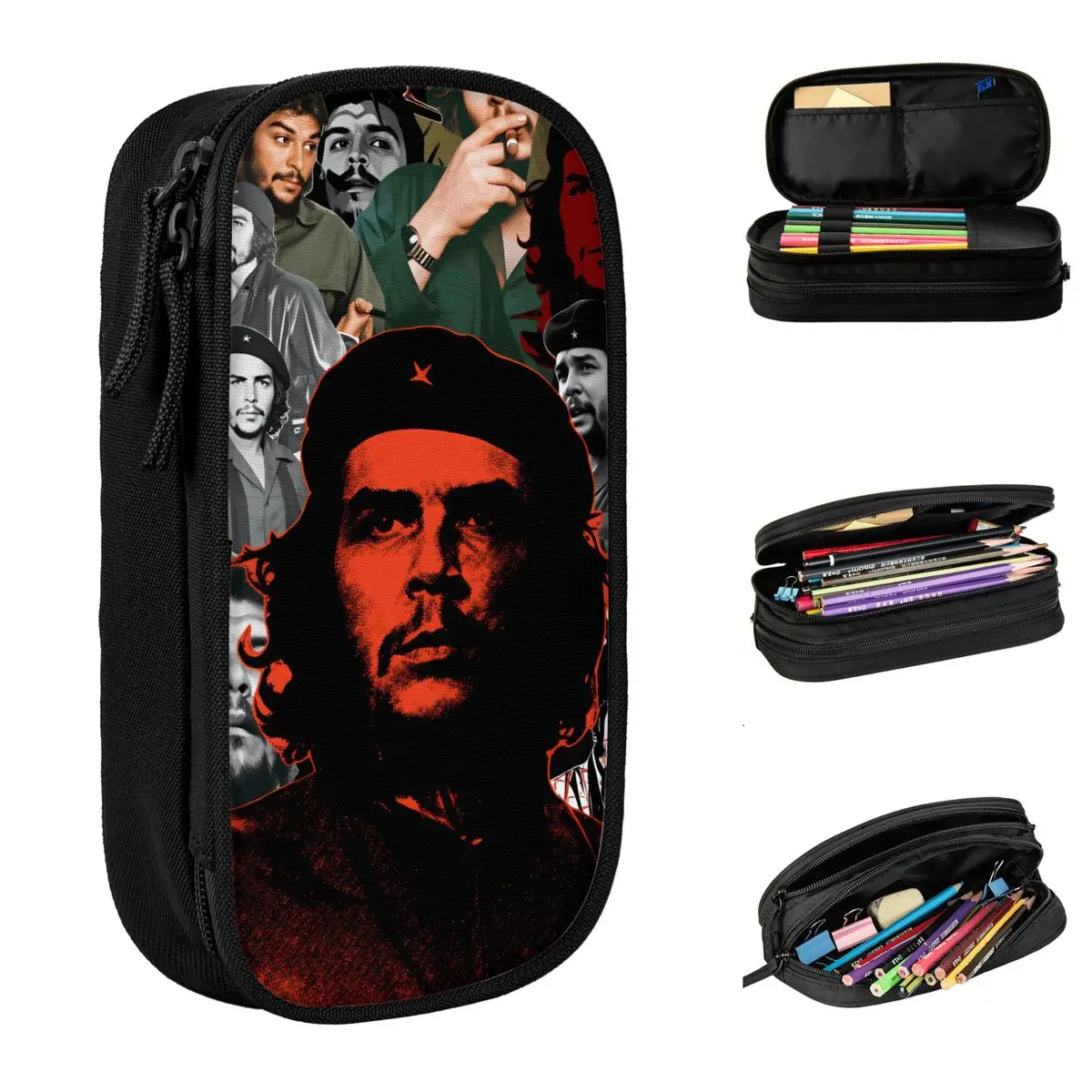Che G-Guevara mit Kuba-Flagge, Federmäppchen, Schule, Federmäppchen, doppelt, für Jungen und Mädchen, cool, großes Fassungsvermögen, Federmäppchen, Schreibwaren-Organizer