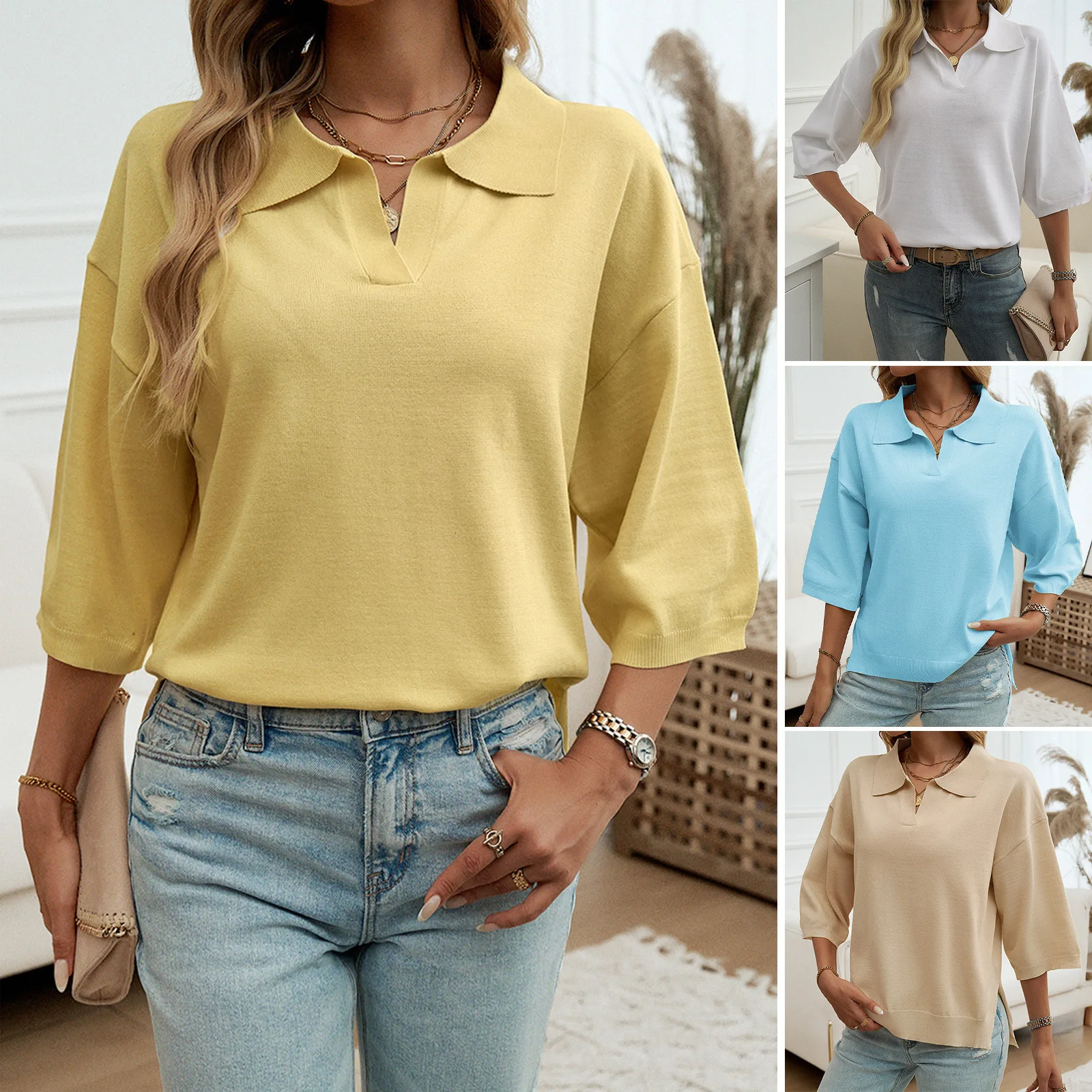 T-shirts For Women Spring Summer Lady's Polo Shirt Solid Color Female Short Sleeve Tops Women's Knit Pullovers Women's Tees