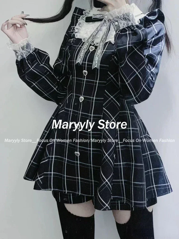 Japanres Sweet Preppy Style Bow Ruffles Dresses Women Y2k Harajuku Slim Mini Dress Autumn Gothic Plaid Long Sleeve Party Dress