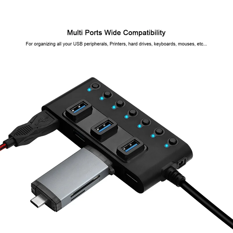 Adaptador de concentrador USB 3,0 de 7 puertos, divisor de concentrador USB portátil con convertidor de interruptores para computadora portátil, PC