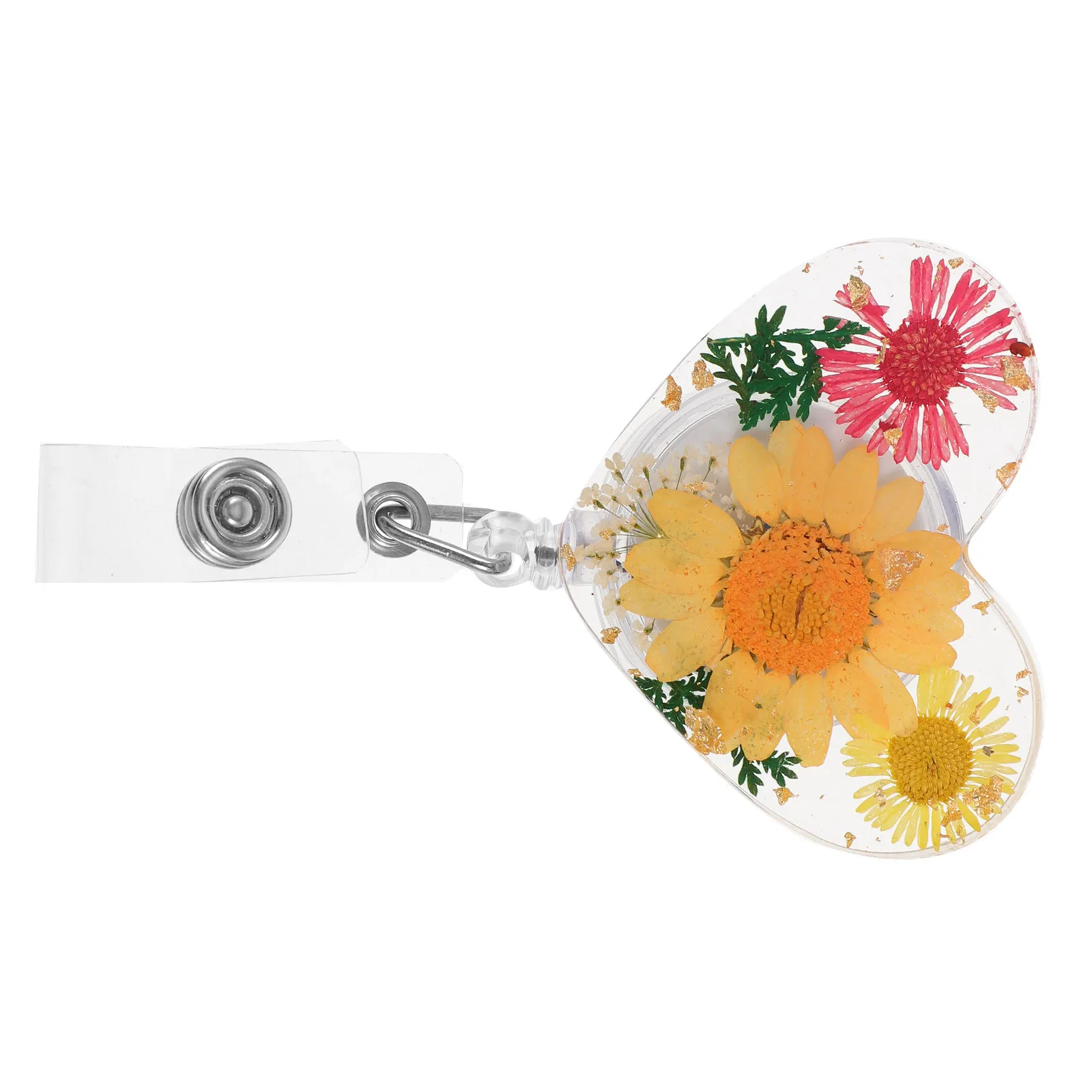 Heart Shaped Dried Flower Badge Holder Retractable Id Card Reel Clip for Nurses Office Workers Restaurant Servers Students