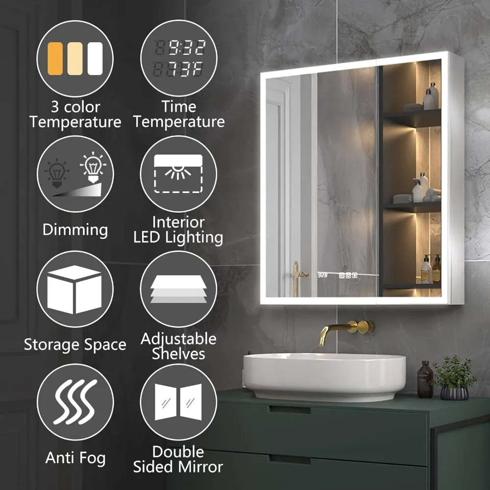 Lighted Medicine Cabinet 28x32 Inch,Recessed or Surface led Medicine Cabinet, Clock&Room Temp Display