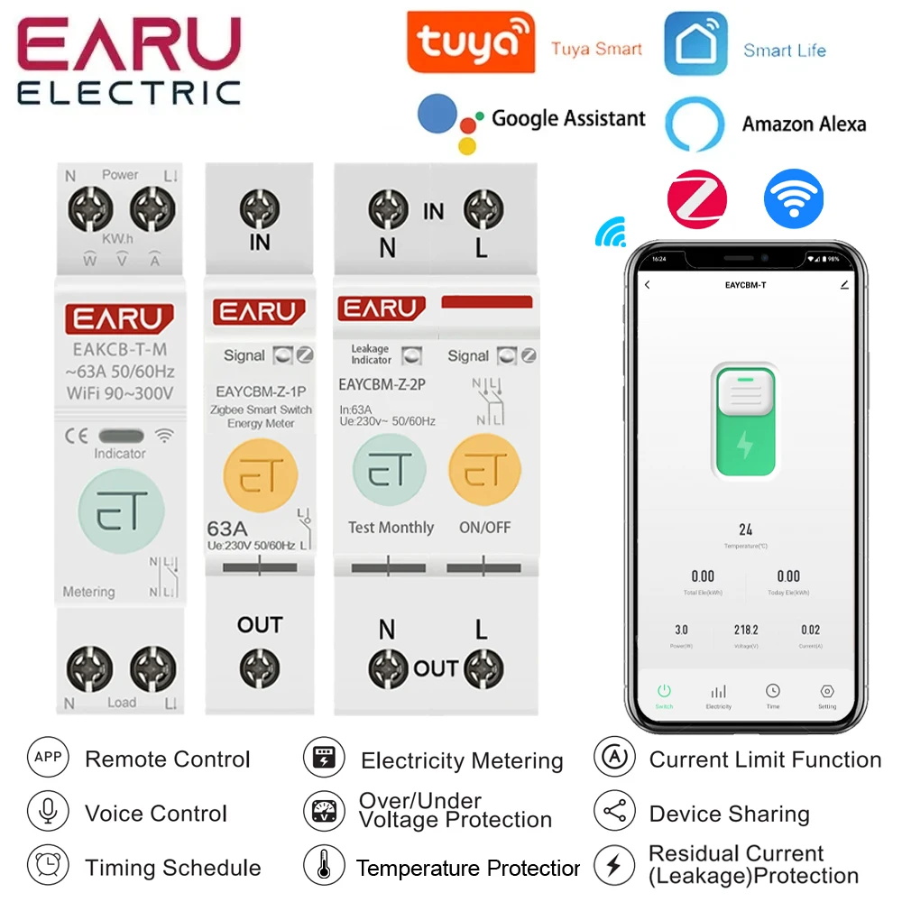 

TUYA WiFi ZigBee Smart Circuit Breaker MCB Over Current Under Voltage Protection Power Metering 1-63A Remote Control Switch 1P+N