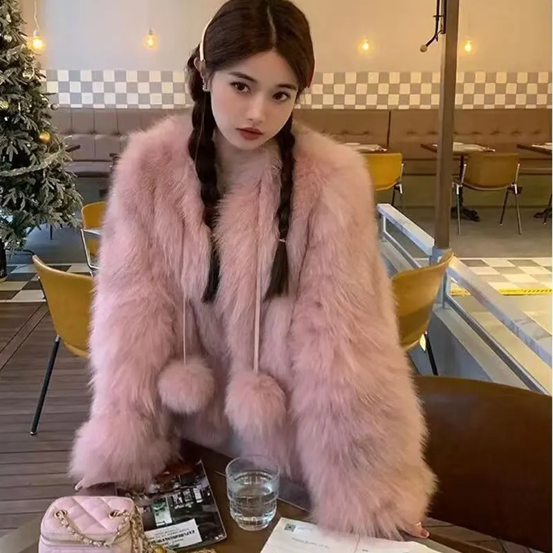 Autumn Sweet Faux Fox Fur Woman Coat Fashion Winter Solid Furry Cardigan Jacket Coat Party Club Outfit Overcoat With Hairball