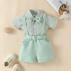 2pcs Baby Boys Casual Plaid Short Sleeve Bowtie Onesie & Suspender Shorts Set Clothes