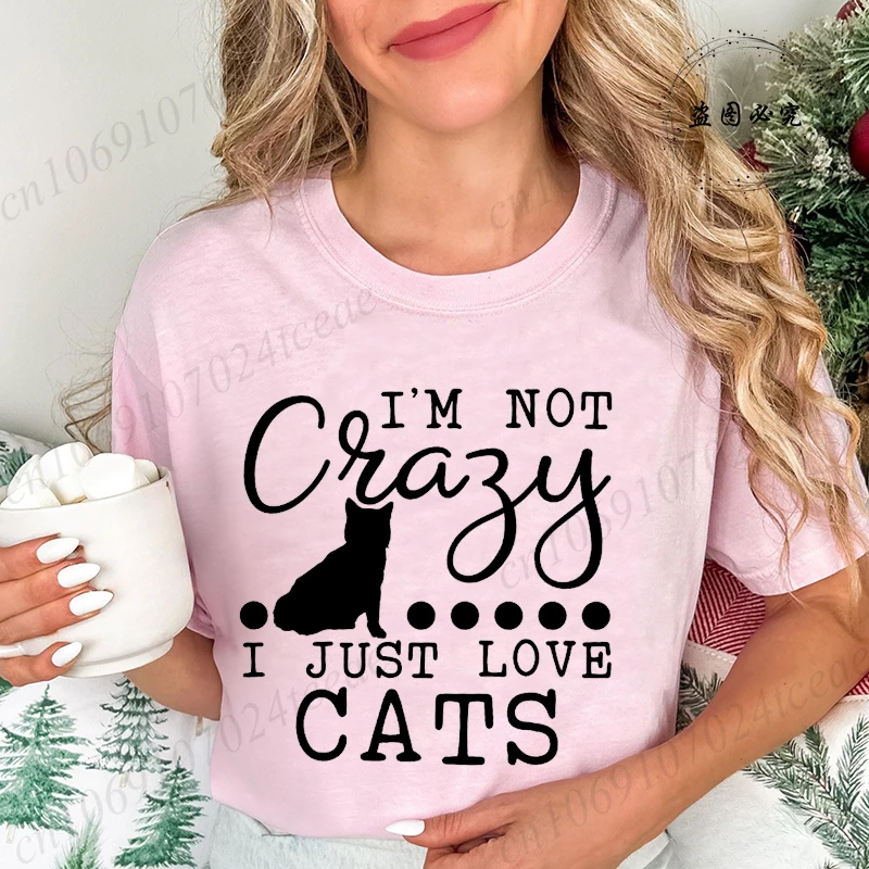 Women's T-shirt Graphic Tees Y2k Top 90s Clothes Kawaii Clothing Harajuku 2000s Tops I'm Not Crazy I Just Love Cats Anime Girl