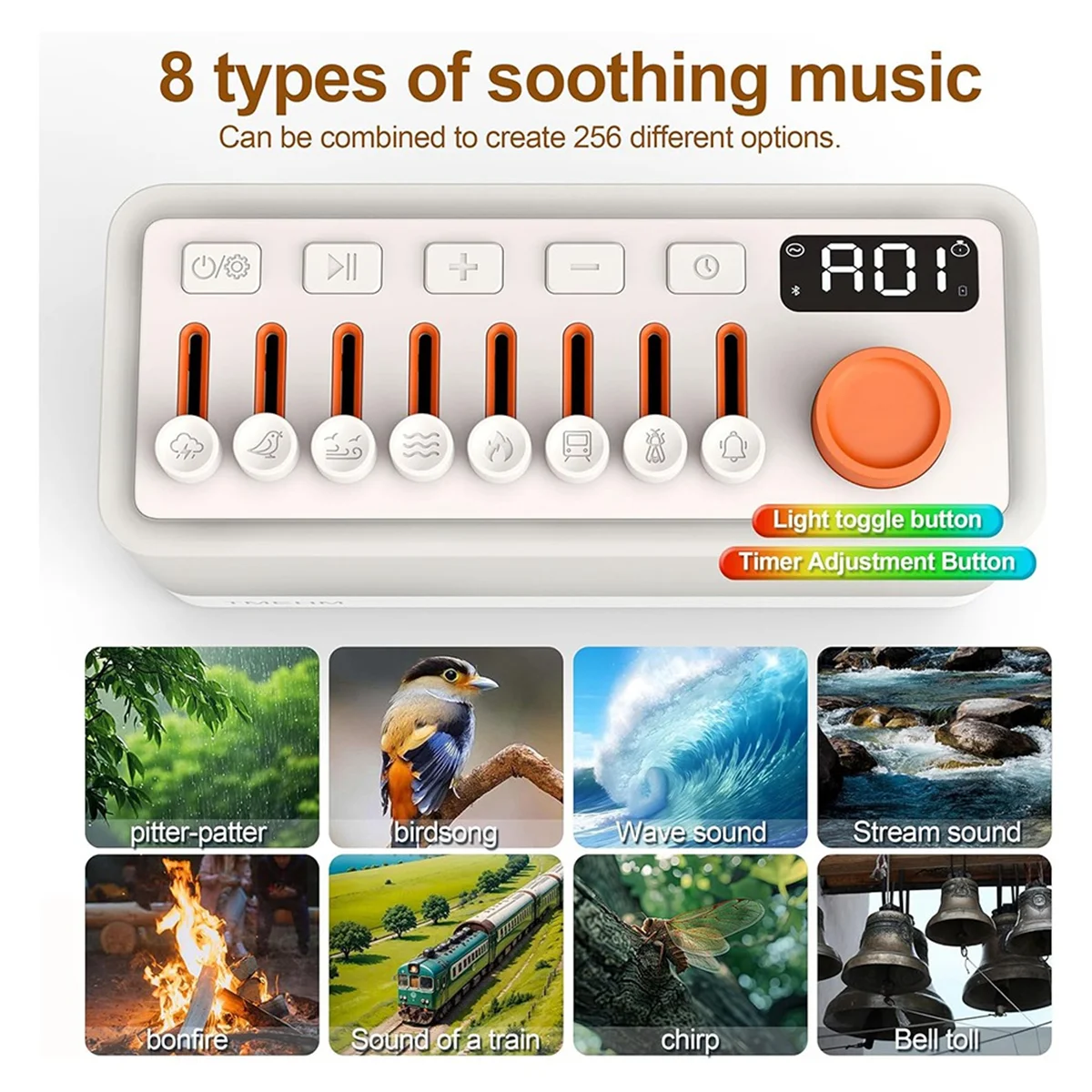 N87R White Noise Sleep Sound Machine with 8 Nature Sounds, Portable Bluetooth Speaker, 12 Colors Night Lights