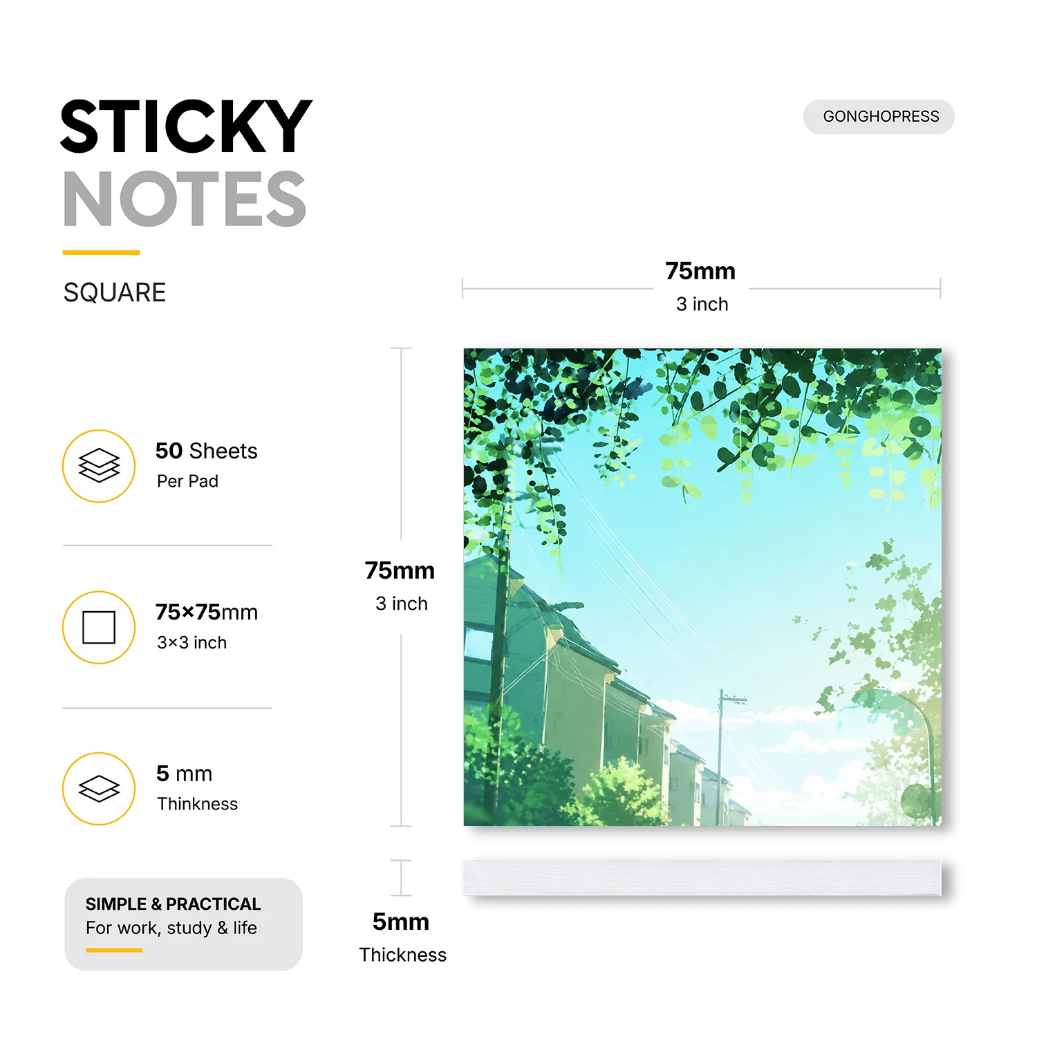 2pcs Green Nature Sticky Notes Set, Aesthetic Campus Scenery Self Stick Memo Pads, 100 Sheets Total, Fresh Leaves Landscape Note