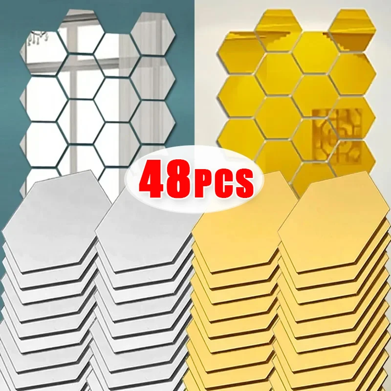 48/6Pcs 3D Hexagon Mirror Wall Stickers Self Adhesive Acrylic Removable Wall Decals For Living Room Bedroom DIY Home Decoration