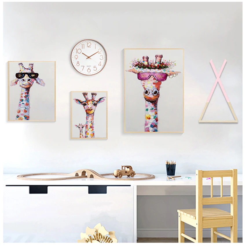 Living Room Home Decor Posters Oil Painting Colorful Giraffe Animal Family Poster Cuadros For Kid Wall Art Picture