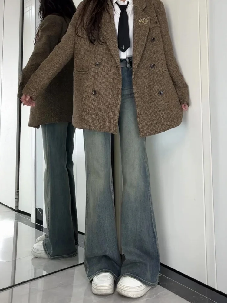 

Retro Blue Bell Bottom Jeans Women's Slimming Hip Covering Elastic Spring New Style High Waist Denim Pants Ladies Fashion