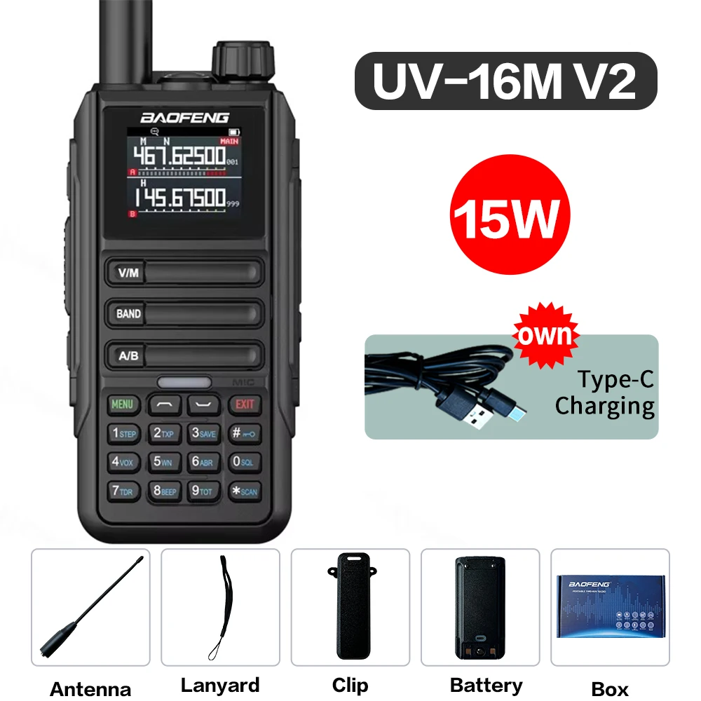 Baofeng Upgrade UV16M V2 Walkie Talkie 15 Вт Высокая емкость AM FM 2-стороннее радио Полнодиапазонный ЖК-дисплей 999CH Частотная копия NOAA Шумоподавление