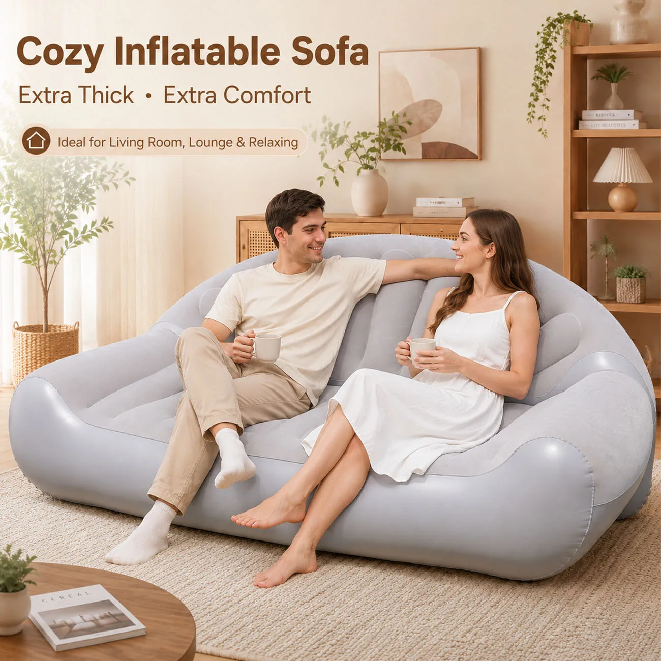 Inflatable Sofa, Twin Size Inflatable Couch, Foldable Sofa Bed & Portable Air Lounger for Camping, Blow Up Love Seat for Living