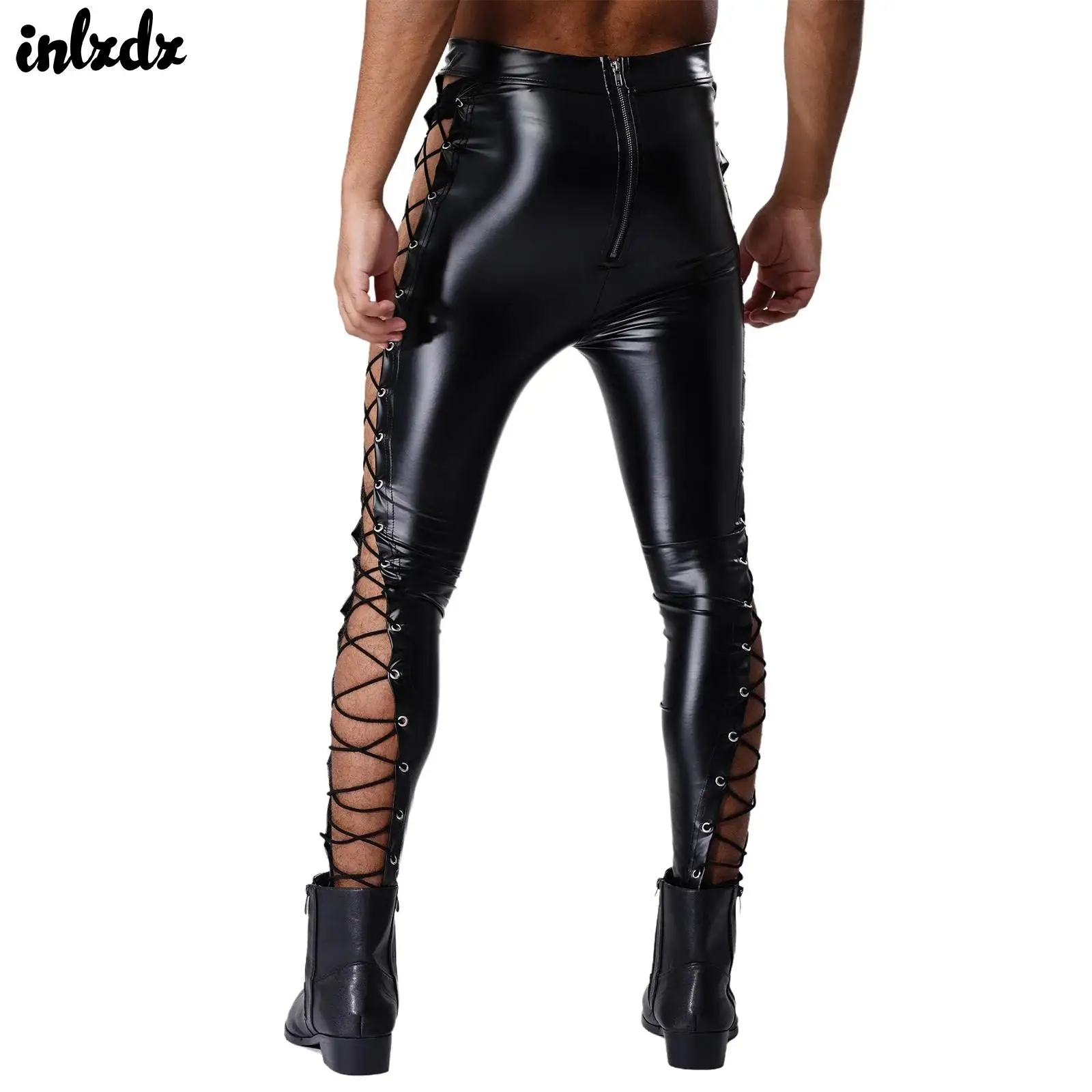 

Mens Lace-up Tights Skinny Long Pants Matte PU Leather High Waist Latex Pants Back Zip Sides Eyelets Leggings Chic Clubwear