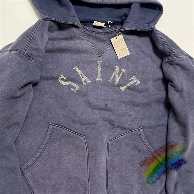 Hole Washed Saint Hoodie Men Women Casual Best Quality Navy Blue Pullover Hooded