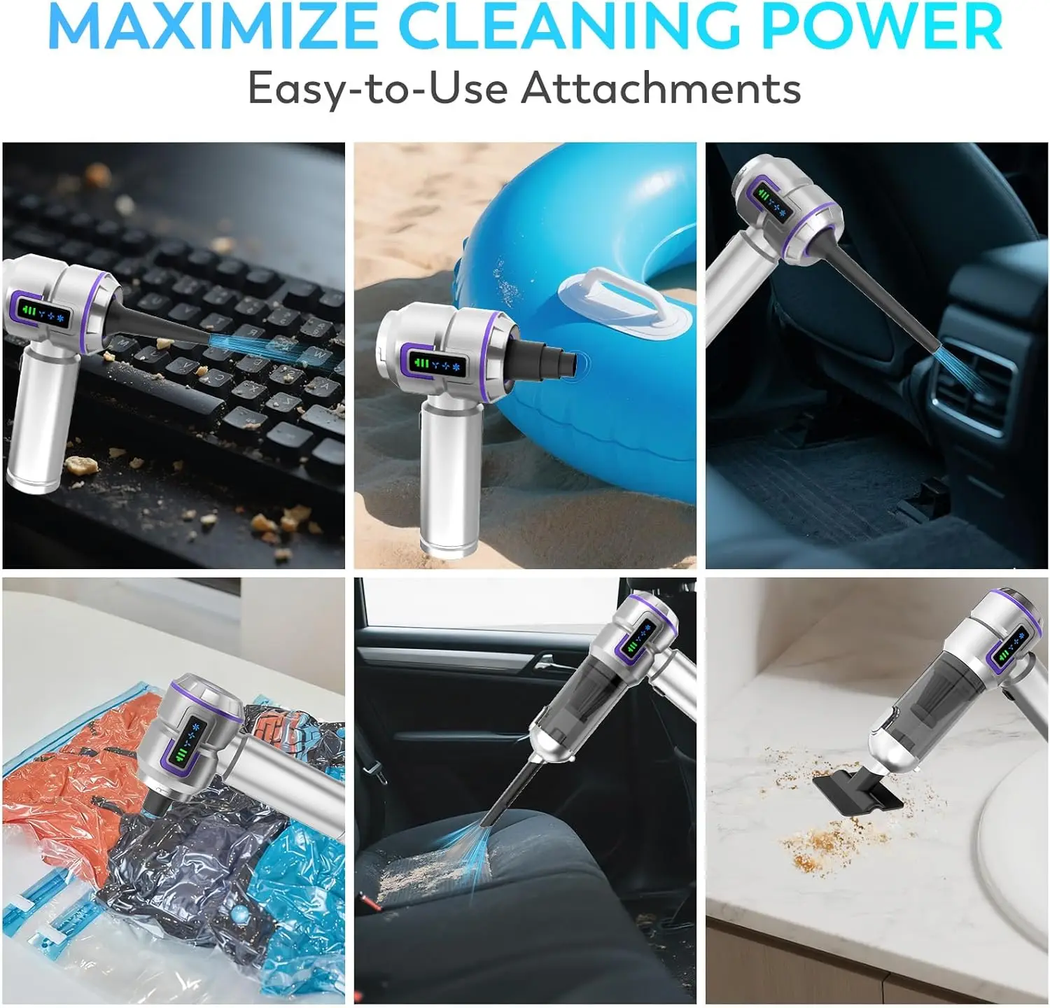 مكنسة كهربائية للسيارة 22000 باسكال، محمولة لاسلكية مع شاشة LED، للسيارة والمنزل والمكتب والتخييم (فضي أرجواني)