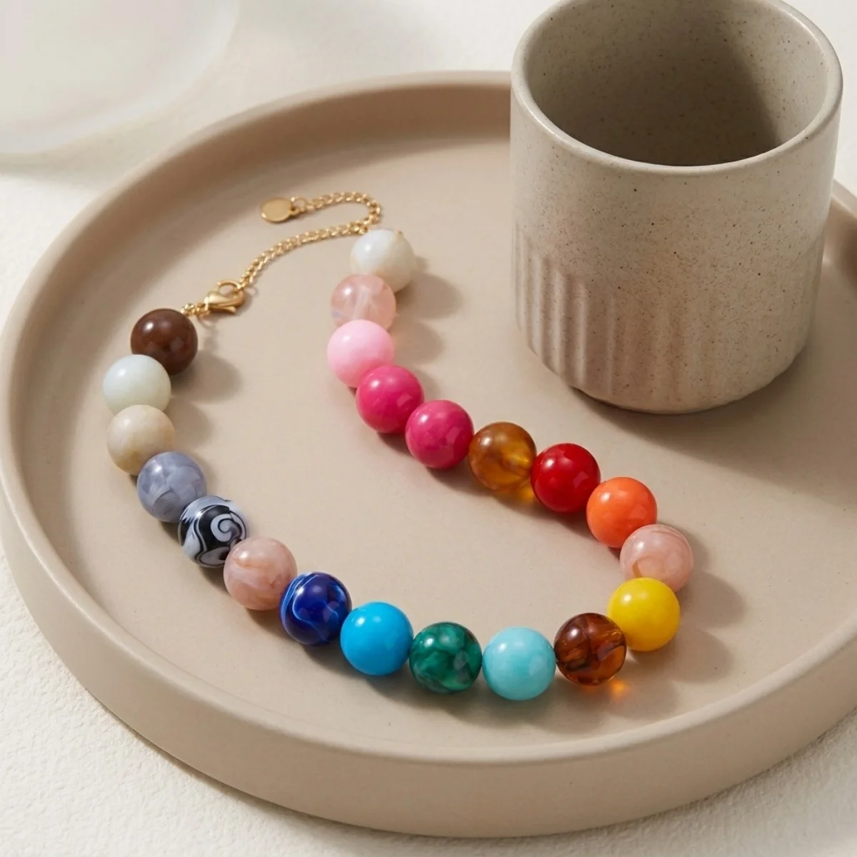 Modische bunte Acryl-Halskette mit großen runden Perlen für Damen und Herren, böhmische blaue braune Harzperlen, Choker, Y2K-Ästhetik-Schmuck – Detail 28