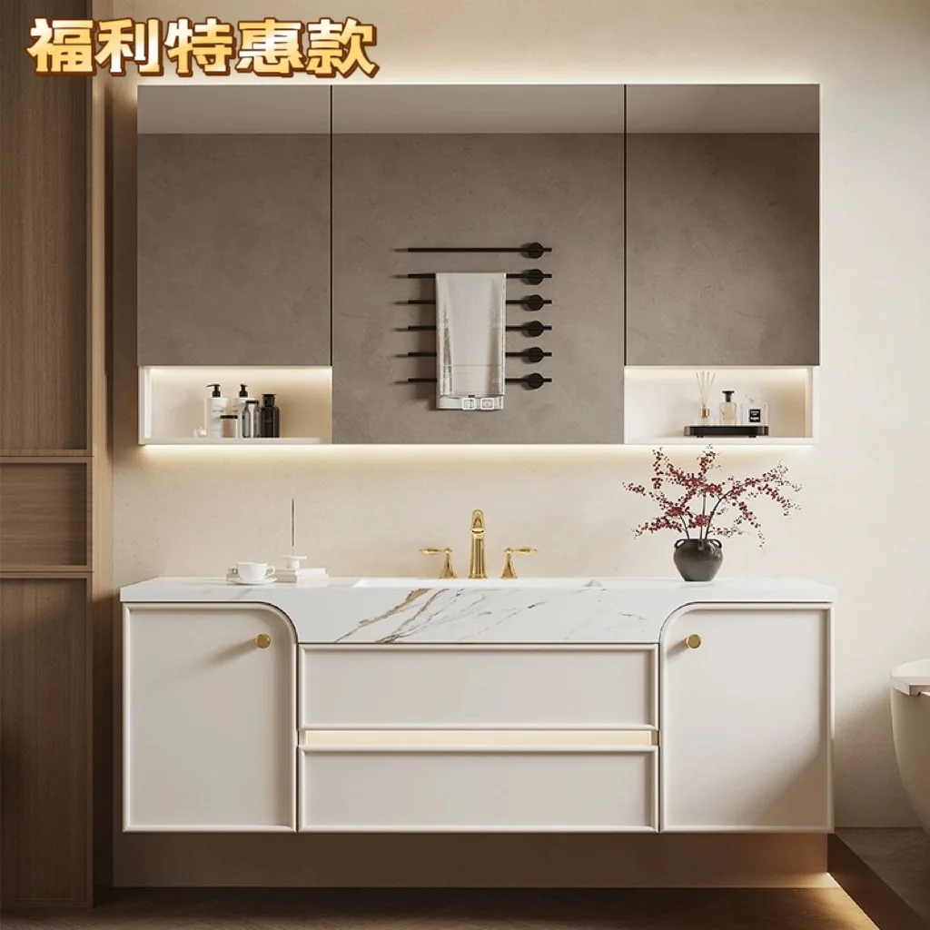 French Retro Bathroom Cabinet Slab Integrated Washbasin Oak Nordic Bathroom Smart Vanity Cabinet with Sink Bathroom Furniture