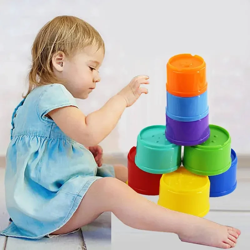9PCS/Set Baby Intelligence Early Education Alphanumeric Rainbow Bear Folding Tower Building Block Stacking Cup Toy Children Gift
