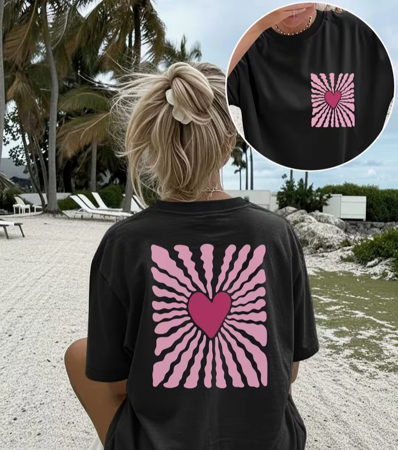 Fresh Style Lady's Tops with Heart and Ray Print, Loose and Casual Women'S Top for Spring Summer,Round Neck, Oversized T-Shirt