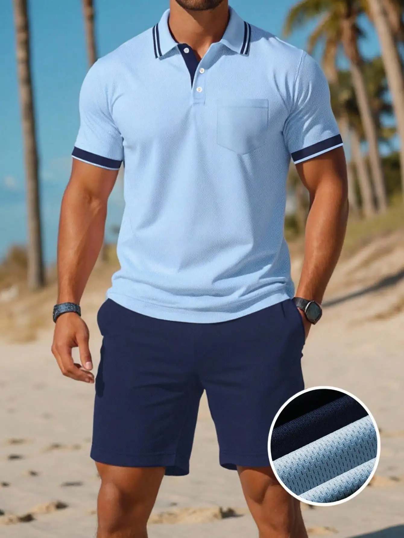 

Men's Light Blue Solid Polo Shirt with Navy Trim & Matching Shorts Set
