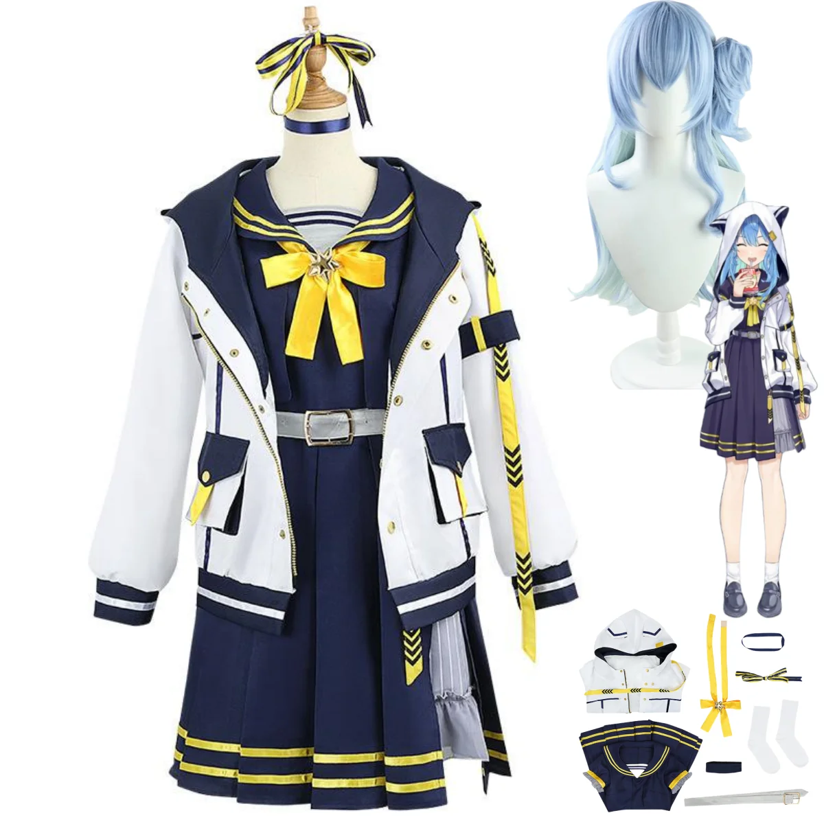 Anime Virtual YouTuber Hosimati Suisei Cosplay Costume Hololive Suisui Wig Hooded Coat JK Uniform Skirt Woman Lovely Party Suit