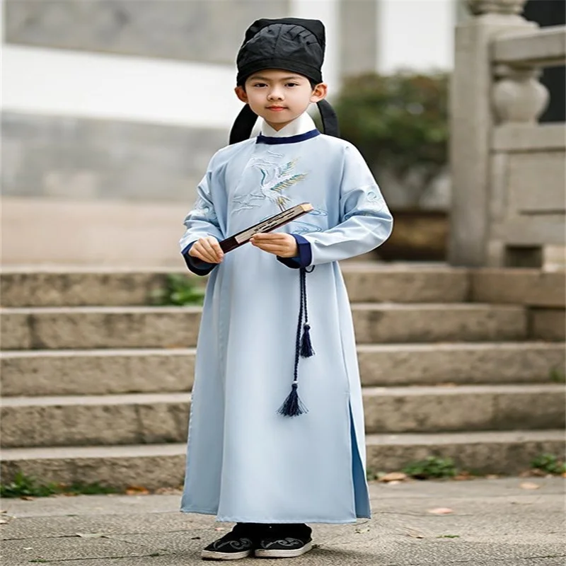 Children Dress Chinese Style Round Neck Robe Tang Dynasty Wuxia Costume Ancient Hanfu Boy Girl Stage Performance Cosplay Party