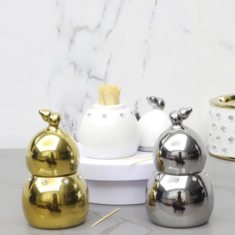 Creative Ceramic Storage Jar Dining Table Toothpick Tube Diamond Decoration Ornaments Home Gold Plated Jewelry Toothpick Box New