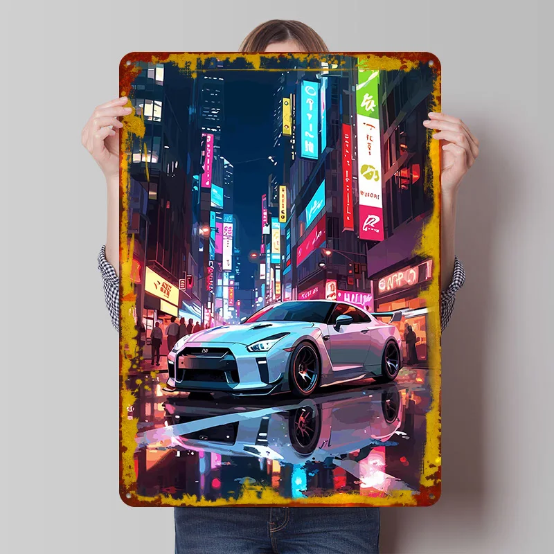 Japanese Car GTR Nismo White Metal Poster Customized Wall Art Retro Vintage Metal Signs for Man Cave Garage Decorations House