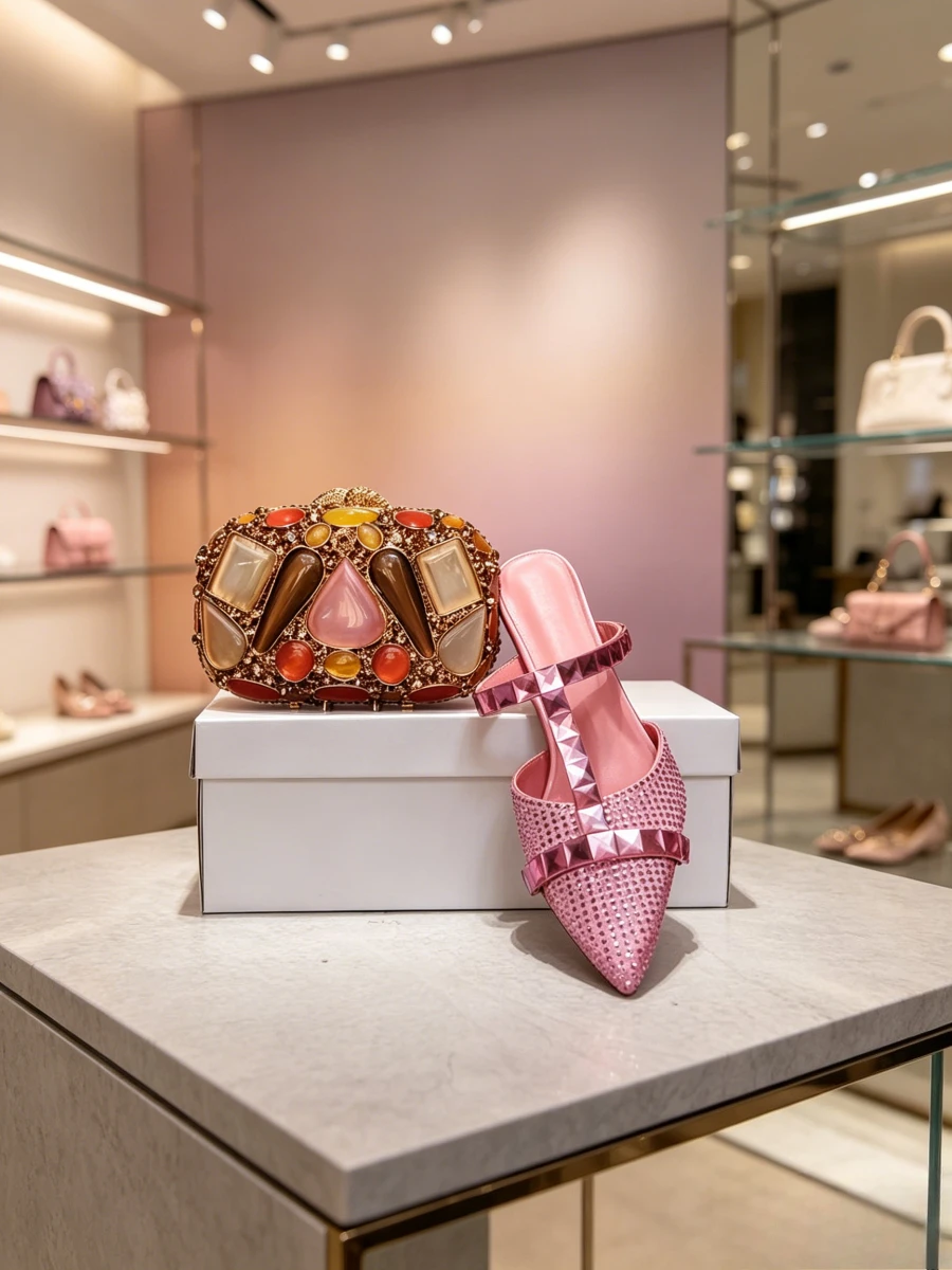 2026 Blush Pink Multicolor Natural Gem Oval Clutch Bag Matching T-Strap Cut Crystal Pointed Mule Heels Set, Fashion Runway Shoe