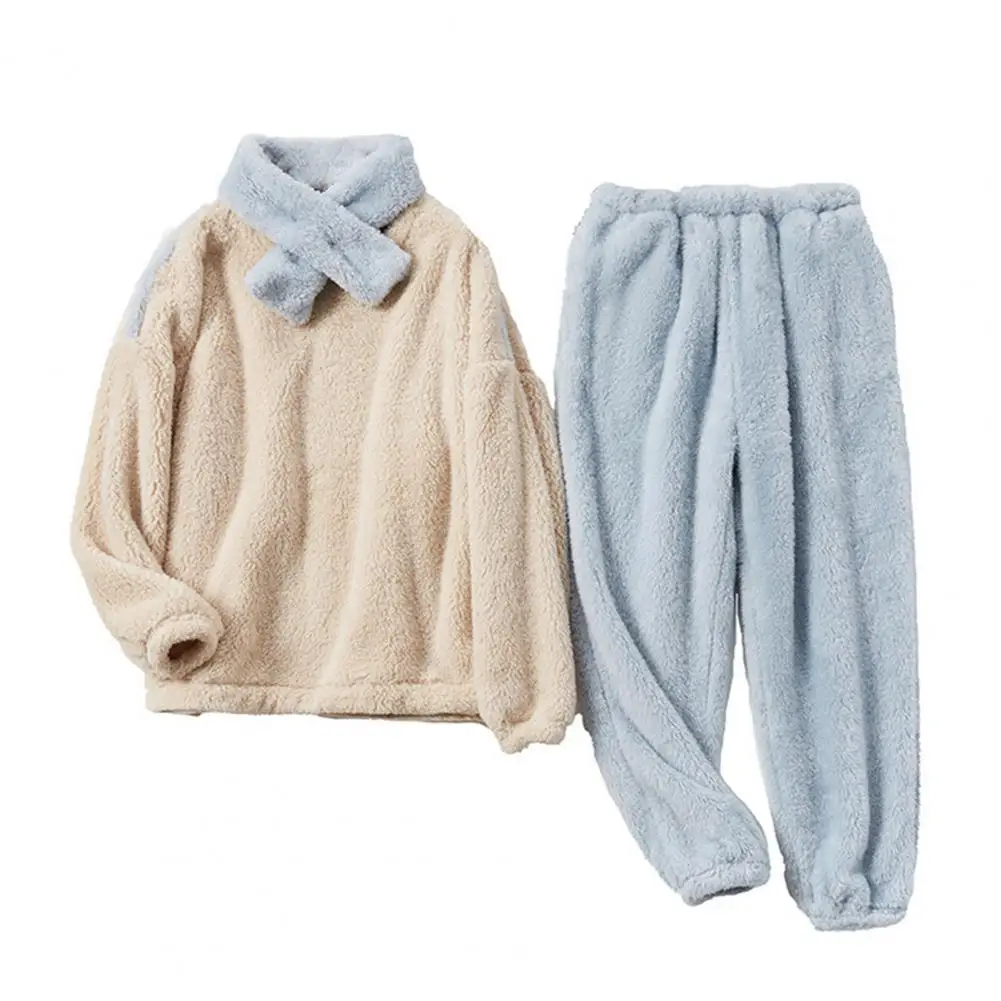 Warm Winter Pajama Set Women’s Soft Fleece Pajama Set with Scarf Plush Warm Pullover Loungewear Thickened Flannel for Winter
