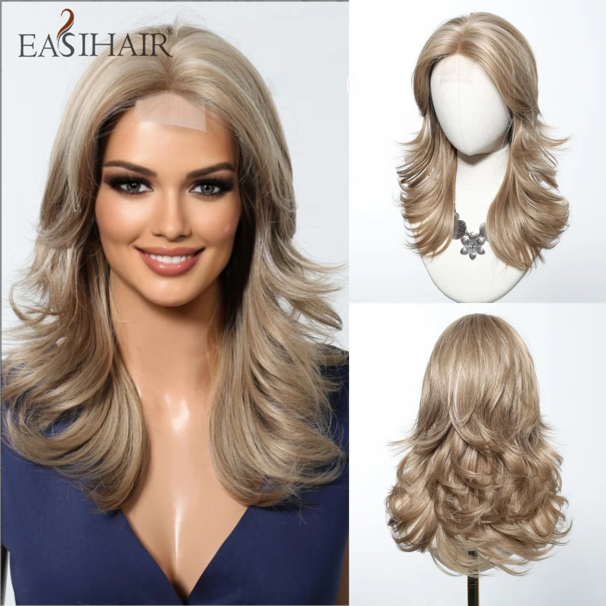 

EASIHAIR Blonde Mixed Light Brown Synthetic Hairline Lace Wig Medium Length Wavy Cosplay Daily Wig for Women Heat Resistant Hair