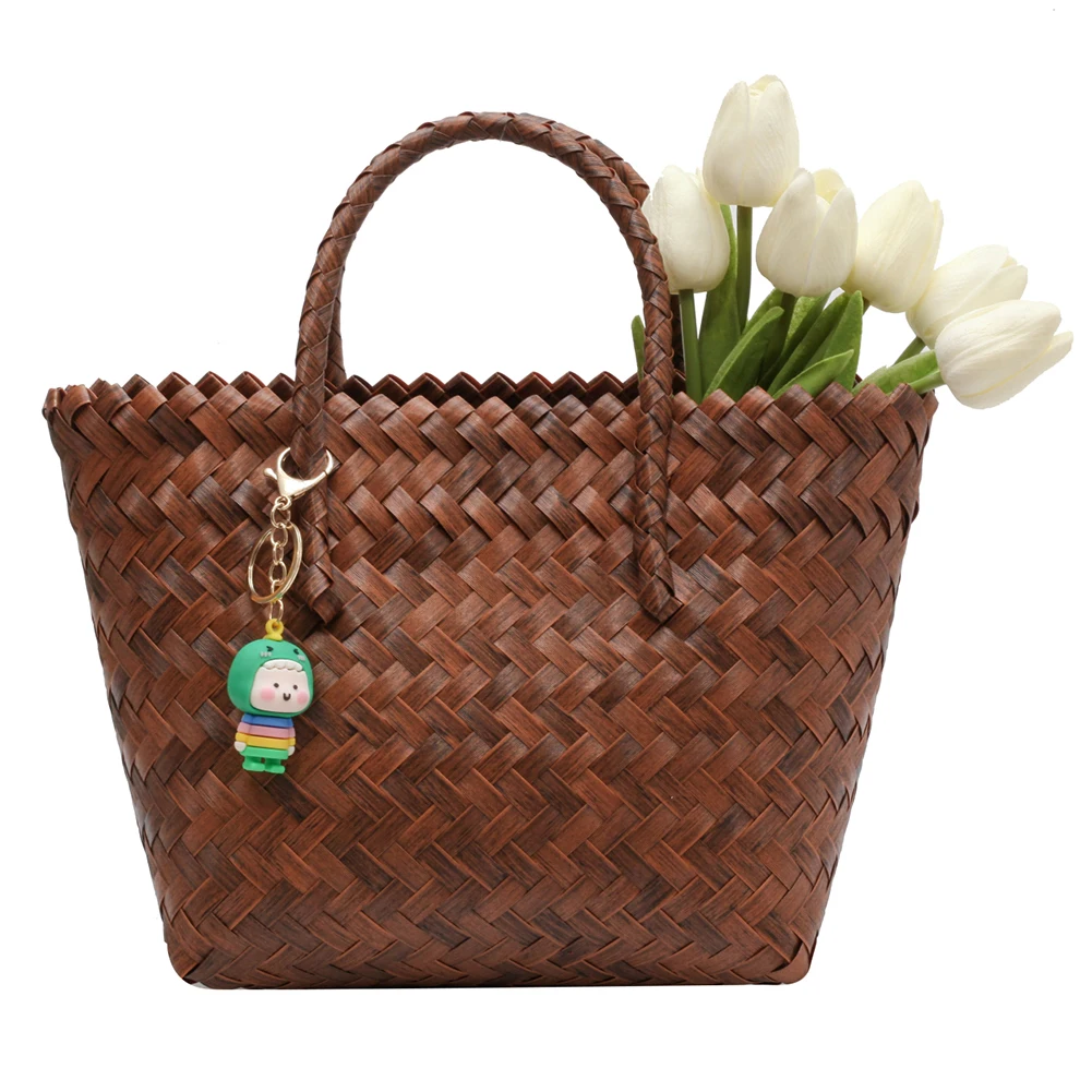 

Женские тканые сумки для покупок, большая вместительная летняя сумка для бассейна, однотонная для женщин, для отпуска, путешествий, повседневная, повседневная, с милой подвеской