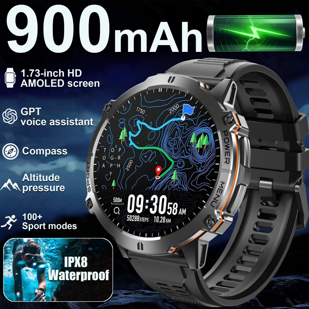 

2025 New Men GPS Sports Smart Watch 1.73'' AMOLED Compass Heart Rate 900mAh Battery Bluetooth Call 10ATM Waterproof Smartwatch