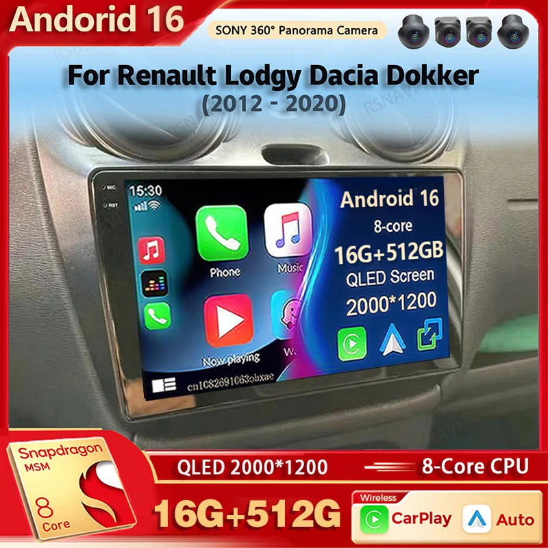 Rádio Multimídia Automotivo Android 16 Qualcomm para Renault Lodgy Dacia Dokker 2012 - 2020 com Auto Carplay, DVD e Comando de Voz AI