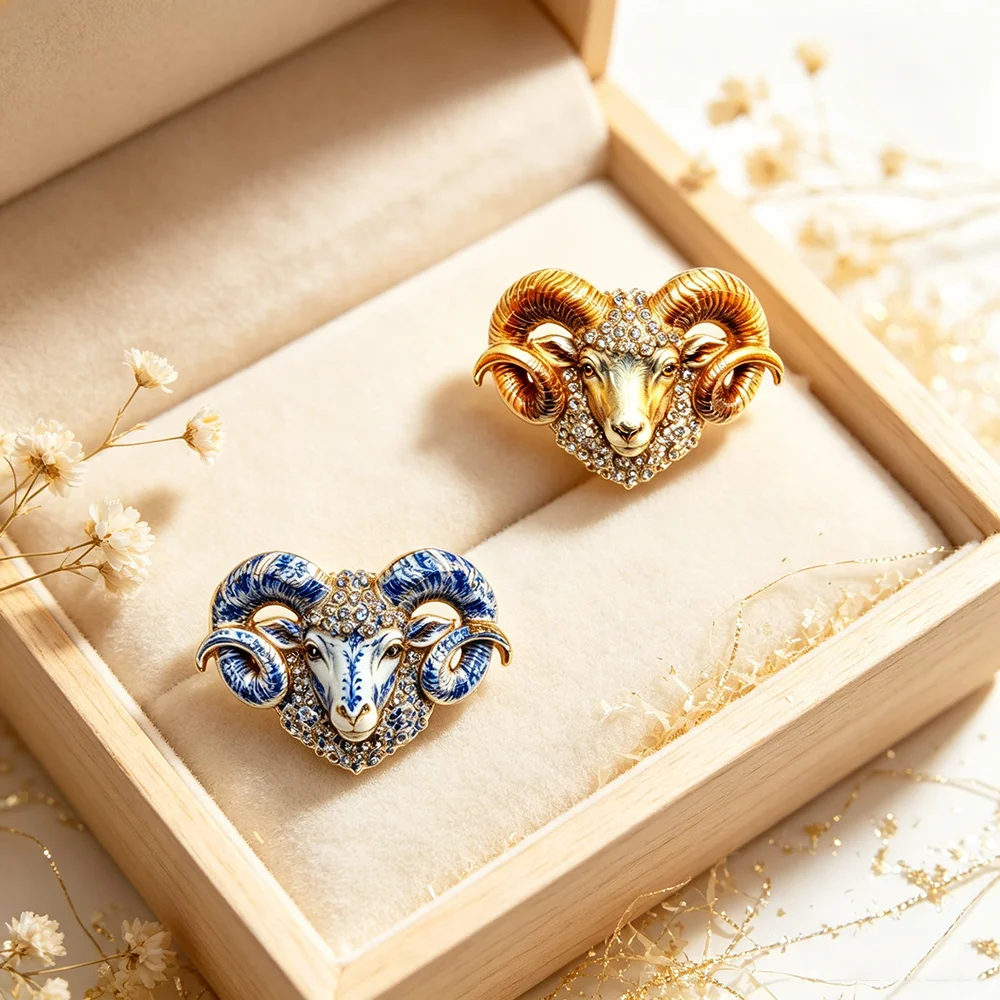Vintage Enamel Ram Head Brooch, Rhinestone Aries Sheep Alloy Pin, Zodiac Animal Brooch for Women Suit Scarf Decor Jewelry Gift