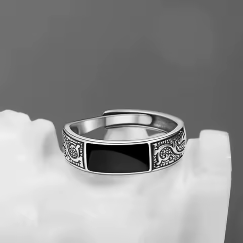 Silver Color Men's Stainless Steel Ring with Black Rectangle Retro Open Dragon Pattern Fashion Male Jewelry Accessory