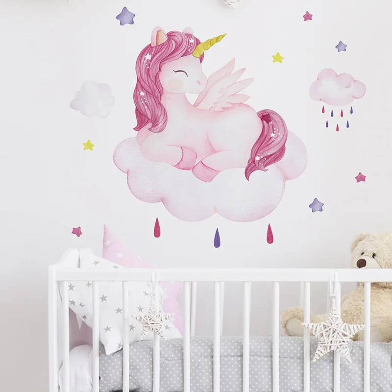 Smiling Unicorn Wall Stickers  Background Wall for Kids room Girls room Decor Vinyl Wall Removable Decals for Nursery Home Decor