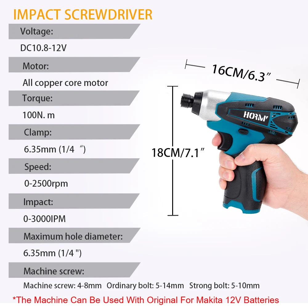 Hormy Electric Cordless Screwdriver 100N.m Rechargeable Impact Drill Charging Drill Handheld Power Tool For Makita 12V Battery