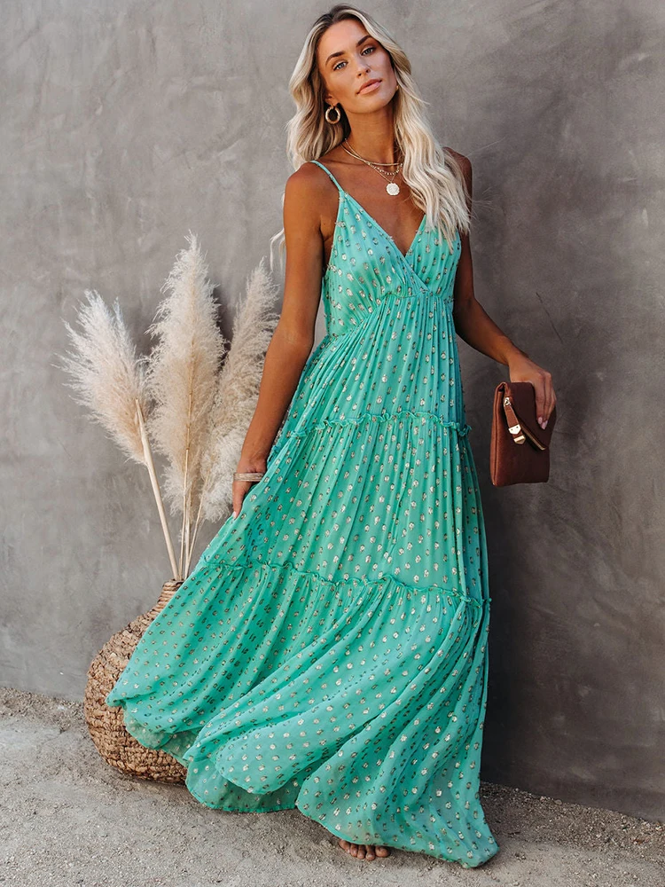 Maxi sukienki w stylu Boho kobieta lato zielony Strappy Sundress kobieta moda Casual długi letnia sukienka plażowa Chic drukowane sukienka Boho 2023