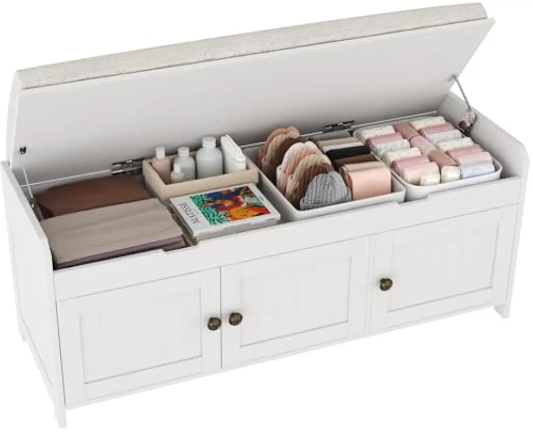 Shoe Bench With Lift Top Storage, Entryway Cushioned Seat Organizer, Wooden Footwear Rack Cabinet, Modern Hidden Storage Container For Bedroom And Hallway, White