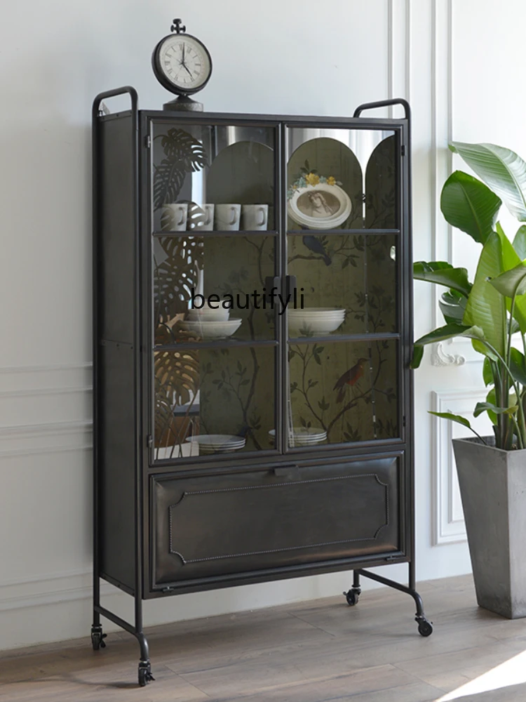 yj Industrial Retro Style Black Iron Iron Sheet Living Room Bookcase Entrance Cabinet Hand-Made Storage Display Cabinet