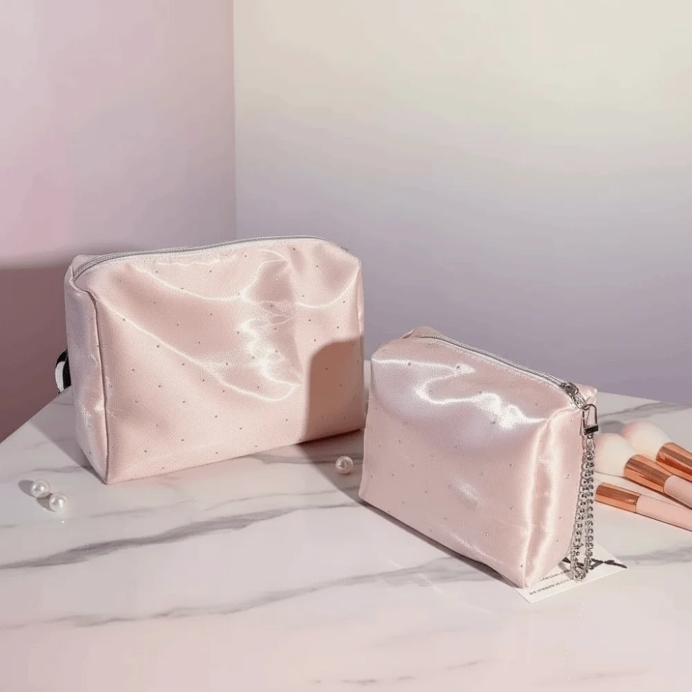 Elegant Luxury Sequin Cosmetic Bag Zipper Handheld Makeup Storage Bag Portable Beaded Bowknot Rhinestone Handbag Carry-On