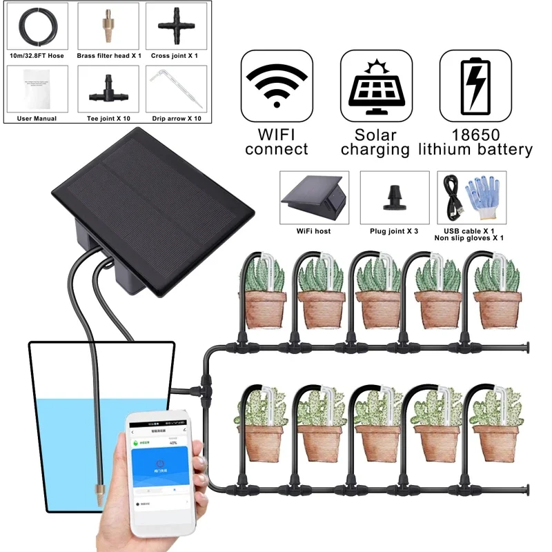 

WIFI Solar Power Timer Pump Automatic Drip Irrigation Kit Garden Mobile Phone Remote Control Watering System with10m Hose