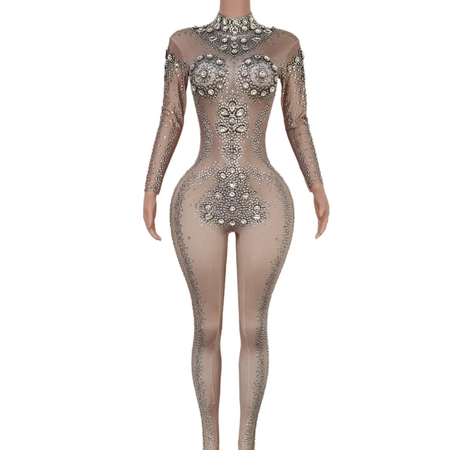 

Fashion Long Sleeve Crystal Leotard Female Bodycon Rompers One Piece Bodysuit Singer Stage Wear Club Women Rhinestone Jumpsuits